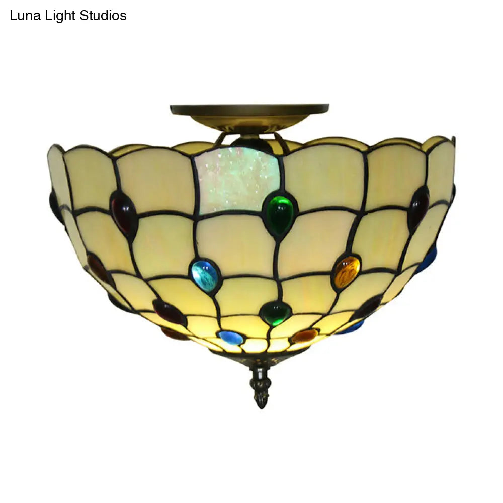 DecorBites™ DecorBites™ Retro Style Stained Glass Ceiling Light - Wide Bowl Design, 12/16/19.5-Inch, Flushmount, Beige/White/Yellow - 1/2/3 Light Options
