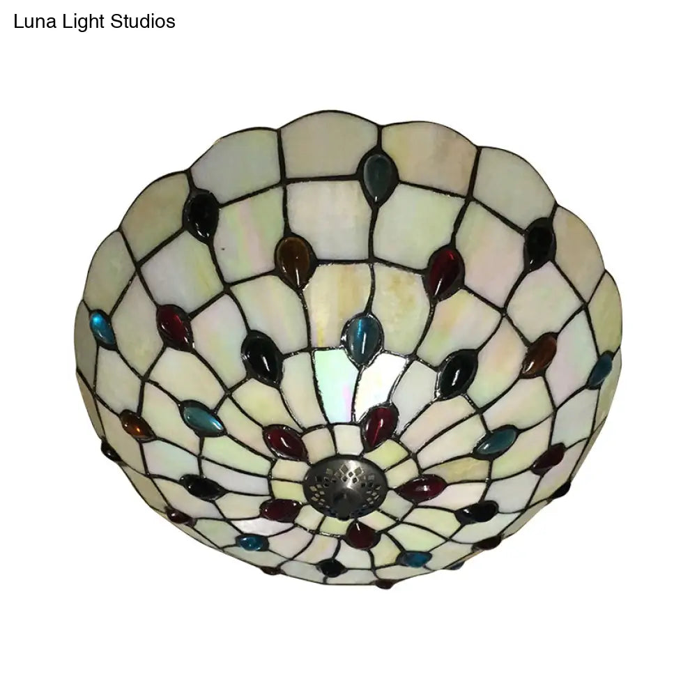 DecorBites™ DecorBites™ Retro Style Stained Glass Ceiling Light - Wide Bowl Design, 12/16/19.5-Inch, Flushmount, Beige/White/Yellow - 1/2/3 Light Options