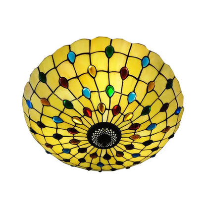 DecorBites™ DecorBites™ Retro Style Stained Glass Ceiling Light - Wide Bowl Design, 12/16/19.5-Inch, Flushmount, Beige/White/Yellow - 1/2/3 Light Options