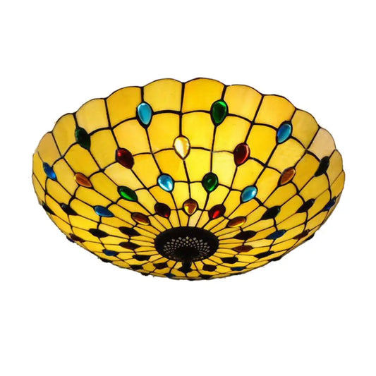 DecorBites™ DecorBites™ Retro Style Stained Glass Ceiling Light - Wide Bowl Design, 12/16/19.5-Inch, Flushmount, Beige/White/Yellow - 1/2/3 Light Options