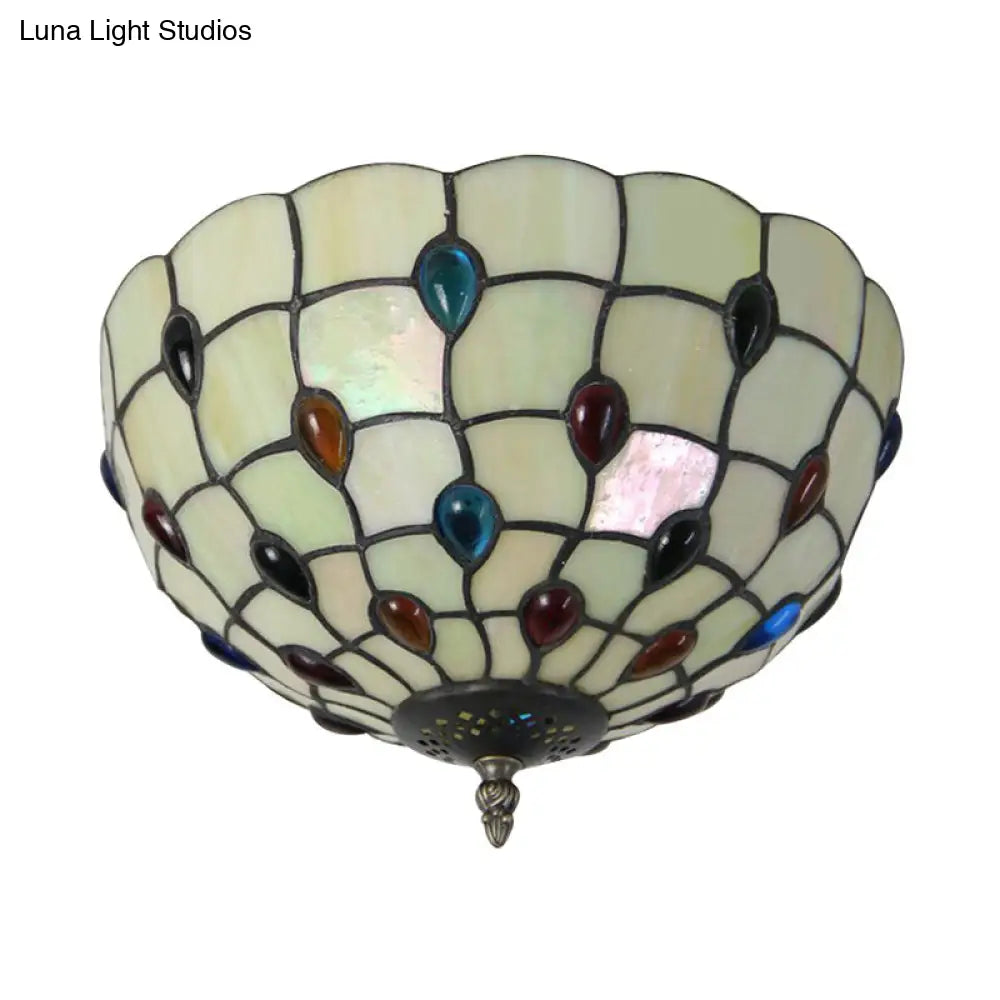 DecorBites™ DecorBites™ Retro Style Stained Glass Ceiling Light - Wide Bowl Design, 12/16/19.5-Inch, Flushmount, Beige/White/Yellow - 1/2/3 Light Options