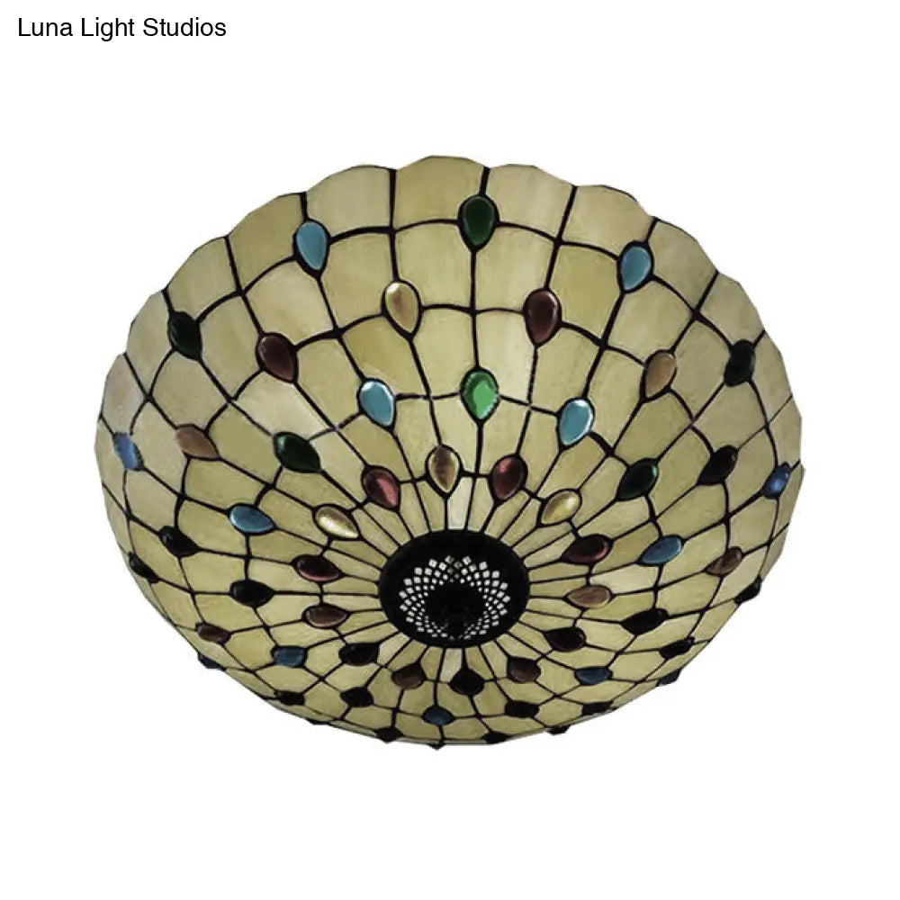DecorBites™ DecorBites™ Retro Style Stained Glass Ceiling Light - Wide Bowl Design, 12/16/19.5-Inch, Flushmount, Beige/White/Yellow - 1/2/3 Light Options