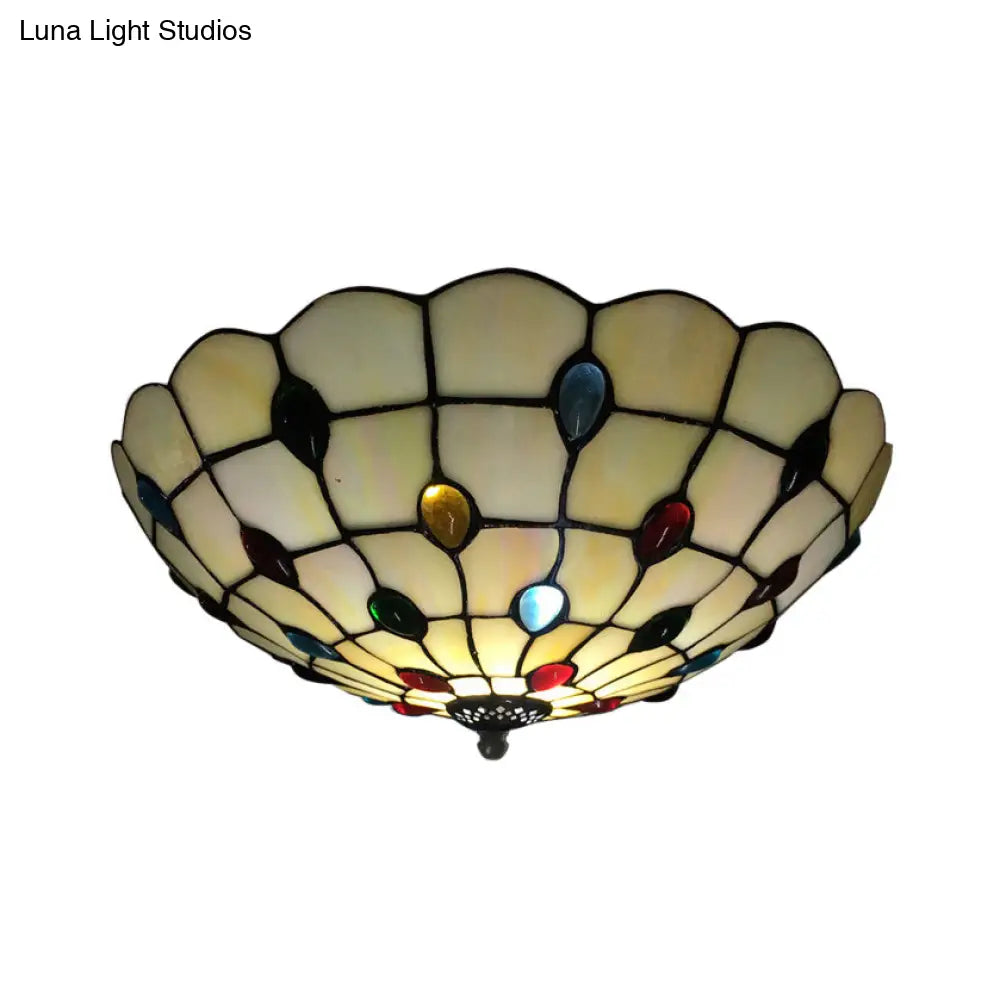 DecorBites™ DecorBites™ Retro Style Stained Glass Ceiling Light - Wide Bowl Design, 12/16/19.5-Inch, Flushmount, Beige/White/Yellow - 1/2/3 Light Options