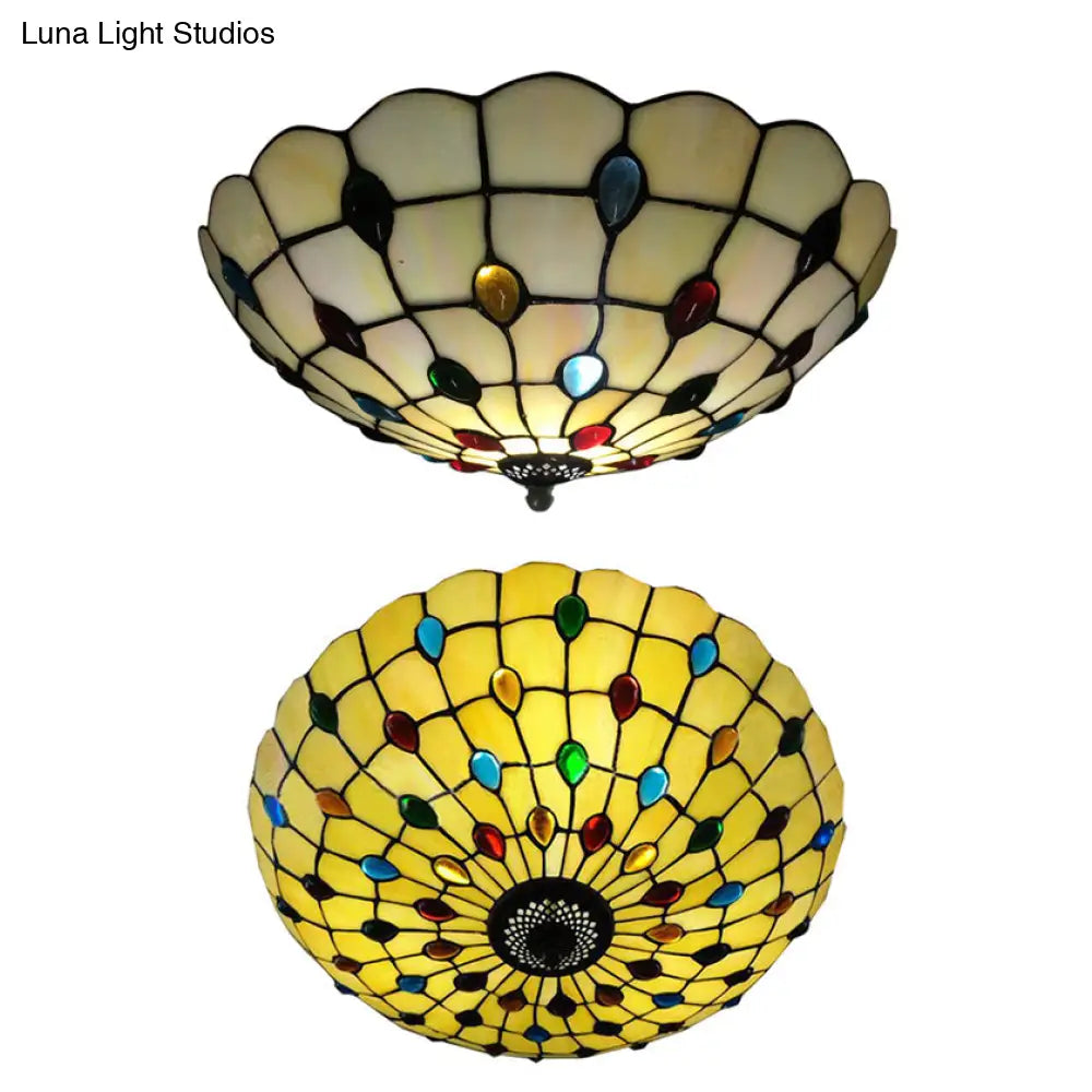 DecorBites™ DecorBites™ Retro Style Stained Glass Ceiling Light - Wide Bowl Design, 12/16/19.5-Inch, Flushmount, Beige/White/Yellow - 1/2/3 Light Options