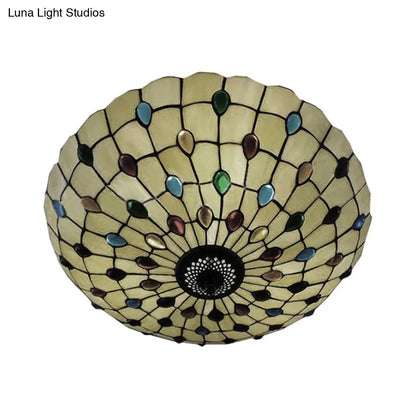DecorBites™ DecorBites™ Retro Style Stained Glass Ceiling Light - Wide Bowl Design, 12/16/19.5-Inch, Flushmount, Beige/White/Yellow - 1/2/3 Light Options