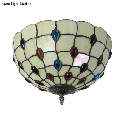 DecorBites™ DecorBites™ Retro Style Stained Glass Ceiling Light - Wide Bowl Design, 12/16/19.5-Inch, Flushmount, Beige/White/Yellow - 1/2/3 Light Options