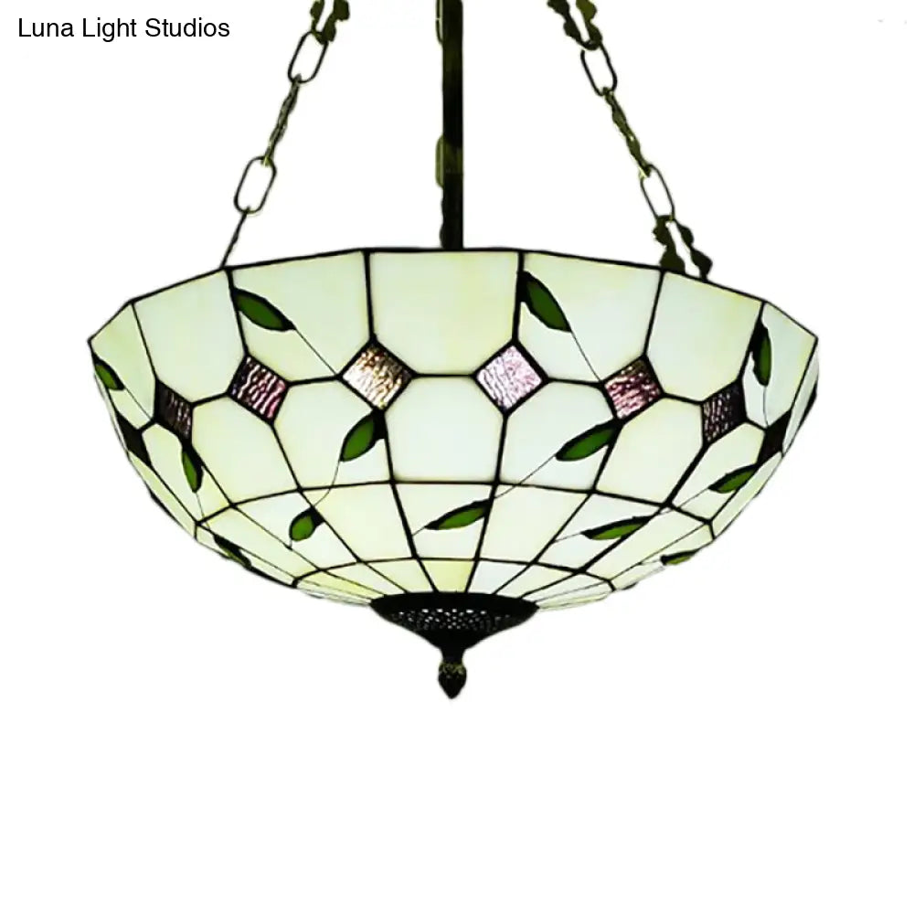 Retro Style Stained Glass Chandelier - 12"/16"/19.5" W Bowl Shade Ceiling Pendant with Leaf Pattern in Beige - Perfect for Dining Room