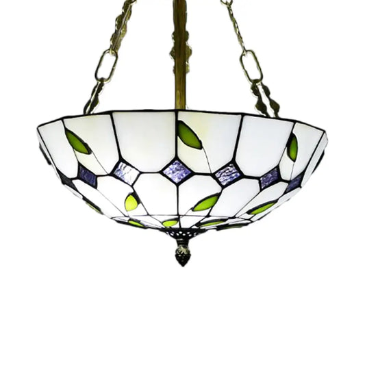 Retro Style Stained Glass Chandelier - 12"/16"/19.5" W Bowl Shade Ceiling Pendant with Leaf Pattern in Beige - Perfect for Dining Room