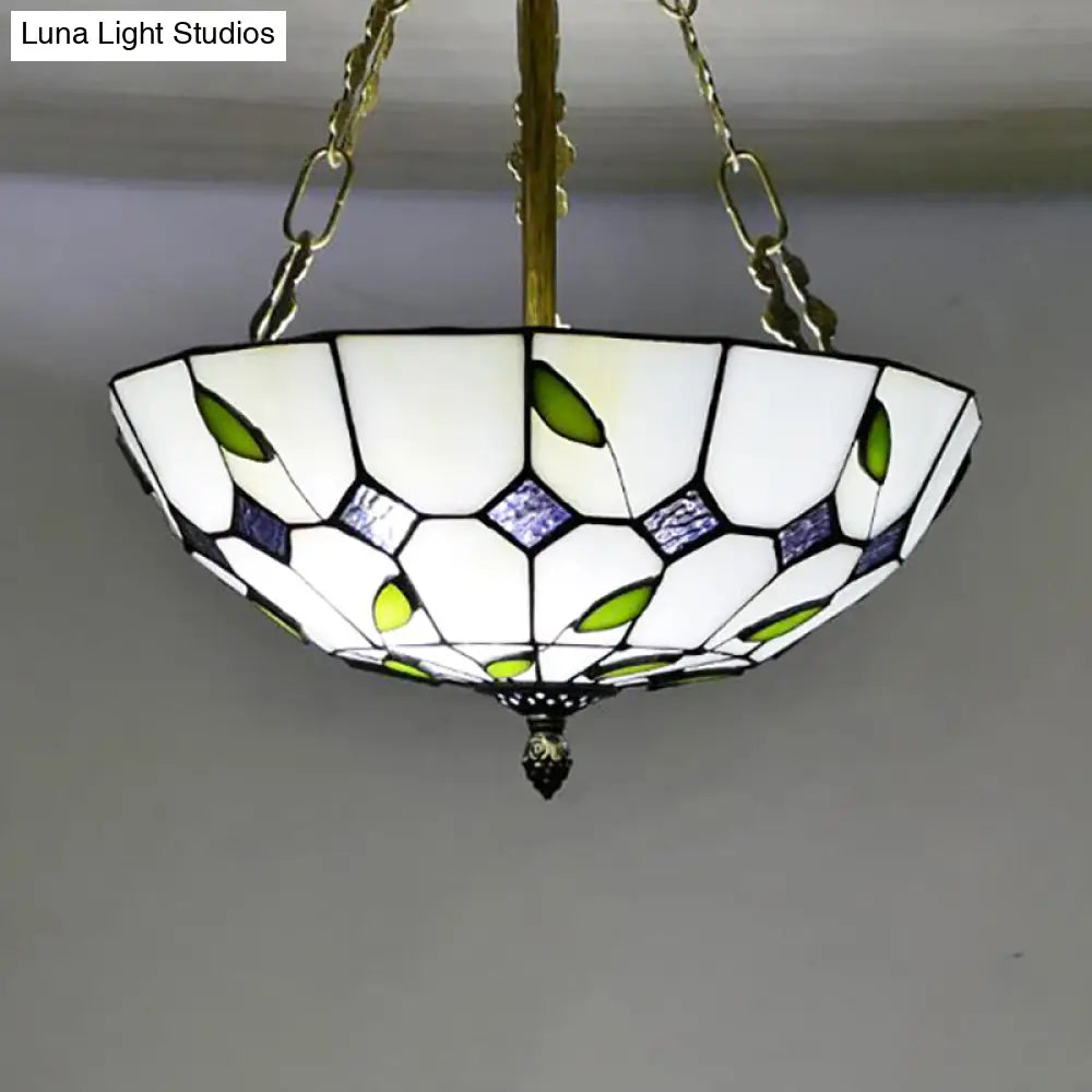 Retro Style Stained Glass Chandelier - 12"/16"/19.5" W Bowl Shade Ceiling Pendant with Leaf Pattern in Beige - Perfect for Dining Room