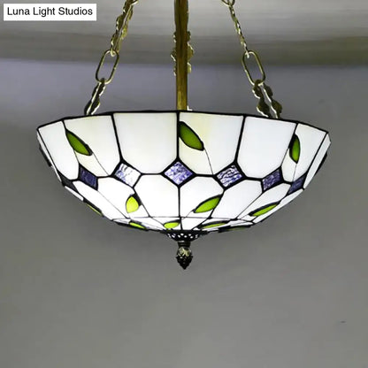 Retro Style Stained Glass Chandelier - 12"/16"/19.5" W Bowl Shade Ceiling Pendant with Leaf Pattern in Beige - Perfect for Dining Room