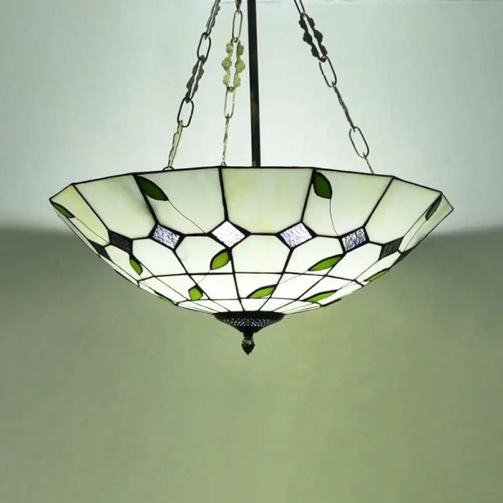 Retro Style Stained Glass Chandelier - 12"/16"/19.5" W Bowl Shade Ceiling Pendant with Leaf Pattern in Beige - Perfect for Dining Room