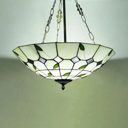 Retro Style Stained Glass Chandelier - 12"/16"/19.5" W Bowl Shade Ceiling Pendant with Leaf Pattern in Beige - Perfect for Dining Room