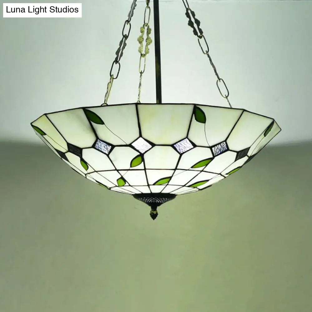 Retro Style Stained Glass Chandelier - 12"/16"/19.5" W Bowl Shade Ceiling Pendant with Leaf Pattern in Beige - Perfect for Dining Room