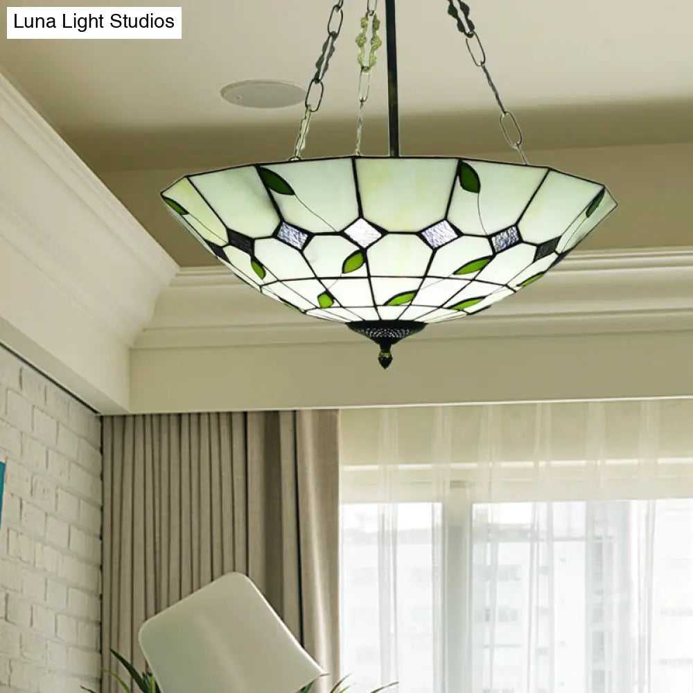 Retro Style Stained Glass Chandelier - 12"/16"/19.5" W Bowl Shade Ceiling Pendant with Leaf Pattern in Beige - Perfect for Dining Room