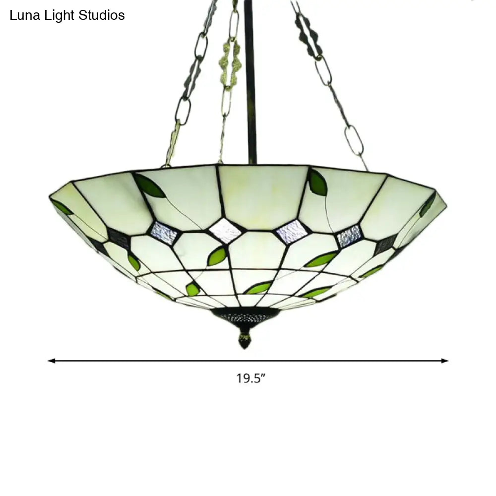 Retro Style Stained Glass Chandelier - 12"/16"/19.5" W Bowl Shade Ceiling Pendant with Leaf Pattern in Beige - Perfect for Dining Room