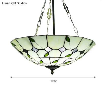 Retro Style Stained Glass Chandelier - 12"/16"/19.5" W Bowl Shade Ceiling Pendant with Leaf Pattern in Beige - Perfect for Dining Room