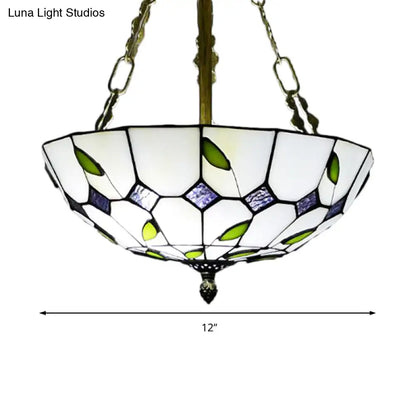 Retro Style Stained Glass Chandelier - 12"/16"/19.5" W Bowl Shade Ceiling Pendant with Leaf Pattern in Beige - Perfect for Dining Room