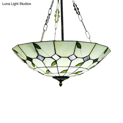 Retro Style Stained Glass Chandelier - 12"/16"/19.5" W Bowl Shade Ceiling Pendant with Leaf Pattern in Beige - Perfect for Dining Room