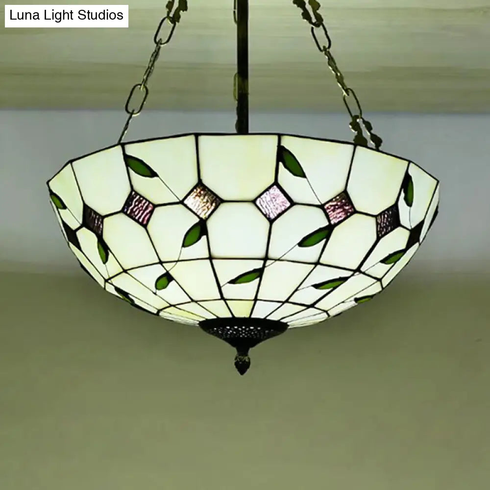 Retro Style Stained Glass Chandelier - 12"/16"/19.5" W Bowl Shade Ceiling Pendant with Leaf Pattern in Beige - Perfect for Dining Room