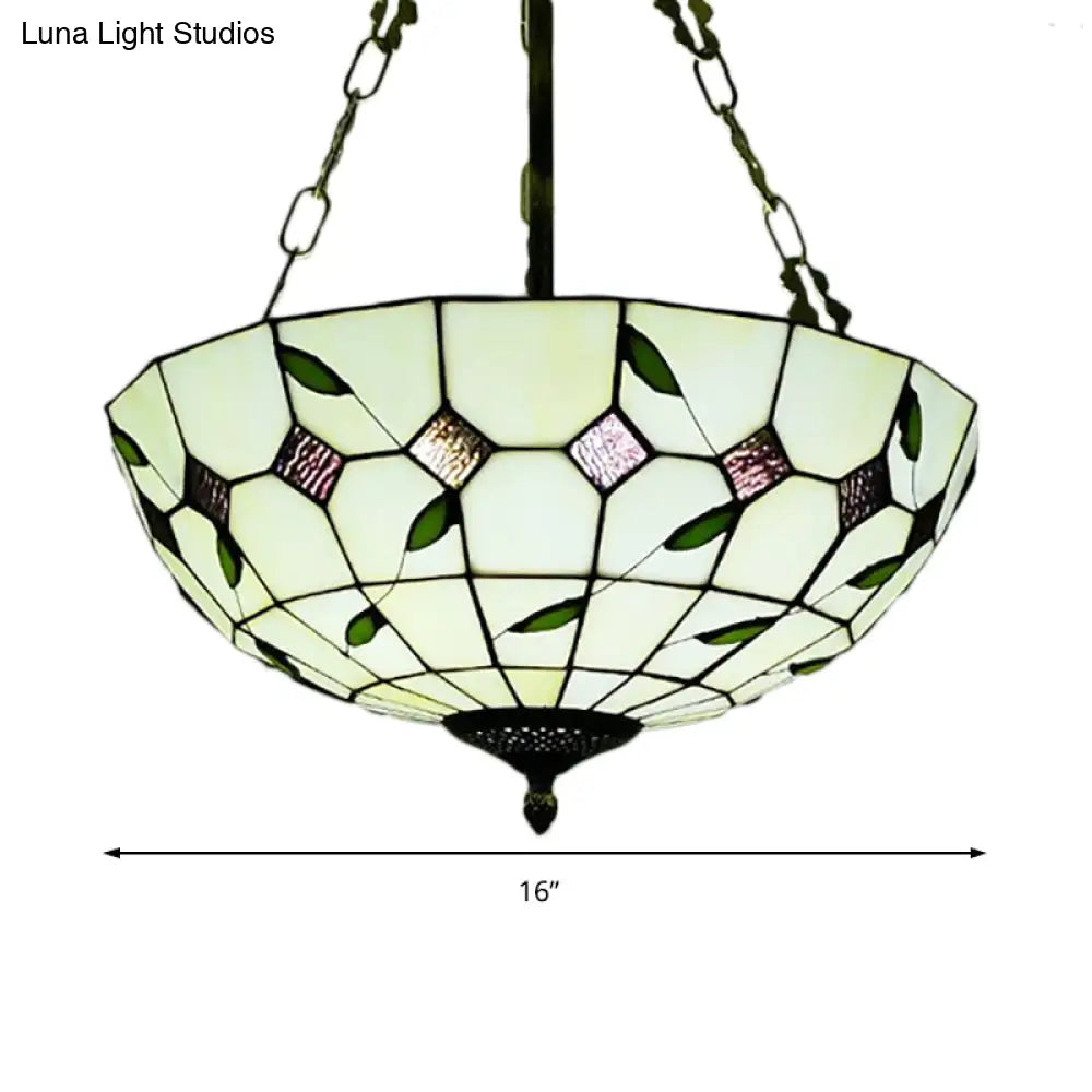 Retro Style Stained Glass Chandelier - 12"/16"/19.5" W Bowl Shade Ceiling Pendant with Leaf Pattern in Beige - Perfect for Dining Room