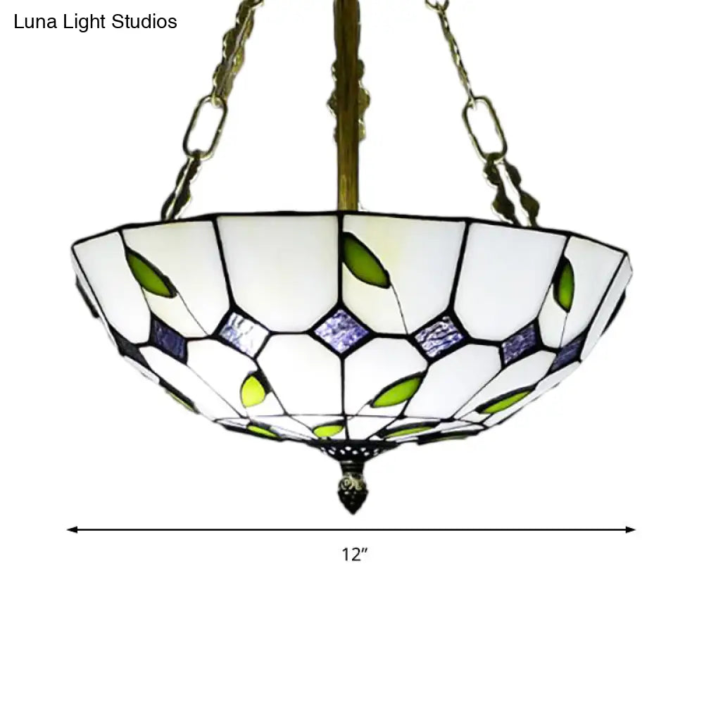 Retro Style Stained Glass Chandelier - 12"/16"/19.5" W Bowl Shade Ceiling Pendant with Leaf Pattern in Beige - Perfect for Dining Room