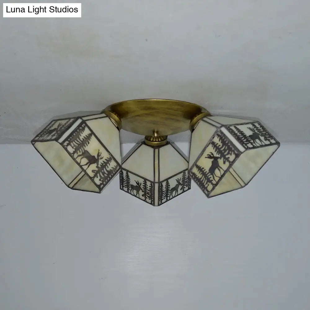 DecorBites™ DecorBites™ Retro Style Stained Glass Geometric Ceiling Light with Prismatic/Swallow-Tail/House/Dome/Bell Shape - 3 Lights Flushmount