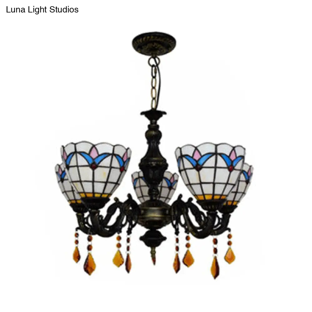 Retro-Style Stained Glass Inverted Chandelier: Domed Design, 5 Lights, Tulip Pattern