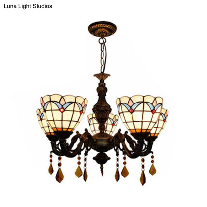 Retro-Style Stained Glass Inverted Chandelier: Domed Design, 5 Lights, Tulip Pattern