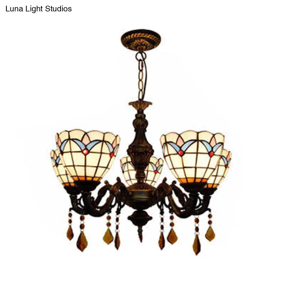 Retro-Style Stained Glass Inverted Chandelier: Domed Design, 5 Lights, Tulip Pattern