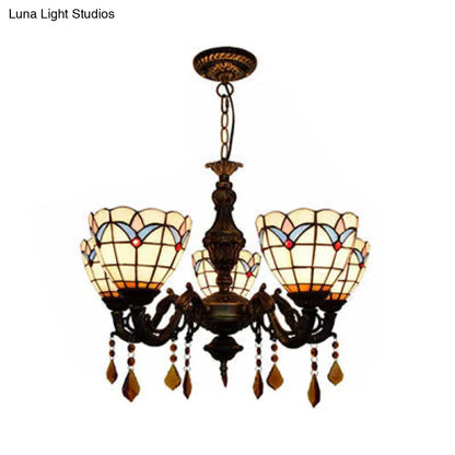 Retro-Style Stained Glass Inverted Chandelier: Domed Design, 5 Lights, Tulip Pattern