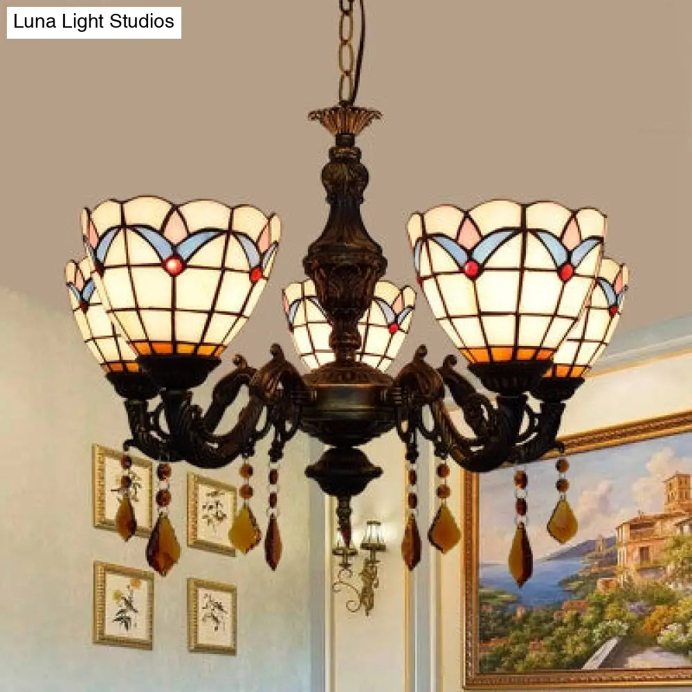 Retro-Style Stained Glass Inverted Chandelier: Domed Design, 5 Lights, Tulip Pattern