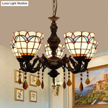 Retro-Style Stained Glass Inverted Chandelier: Domed Design, 5 Lights, Tulip Pattern
