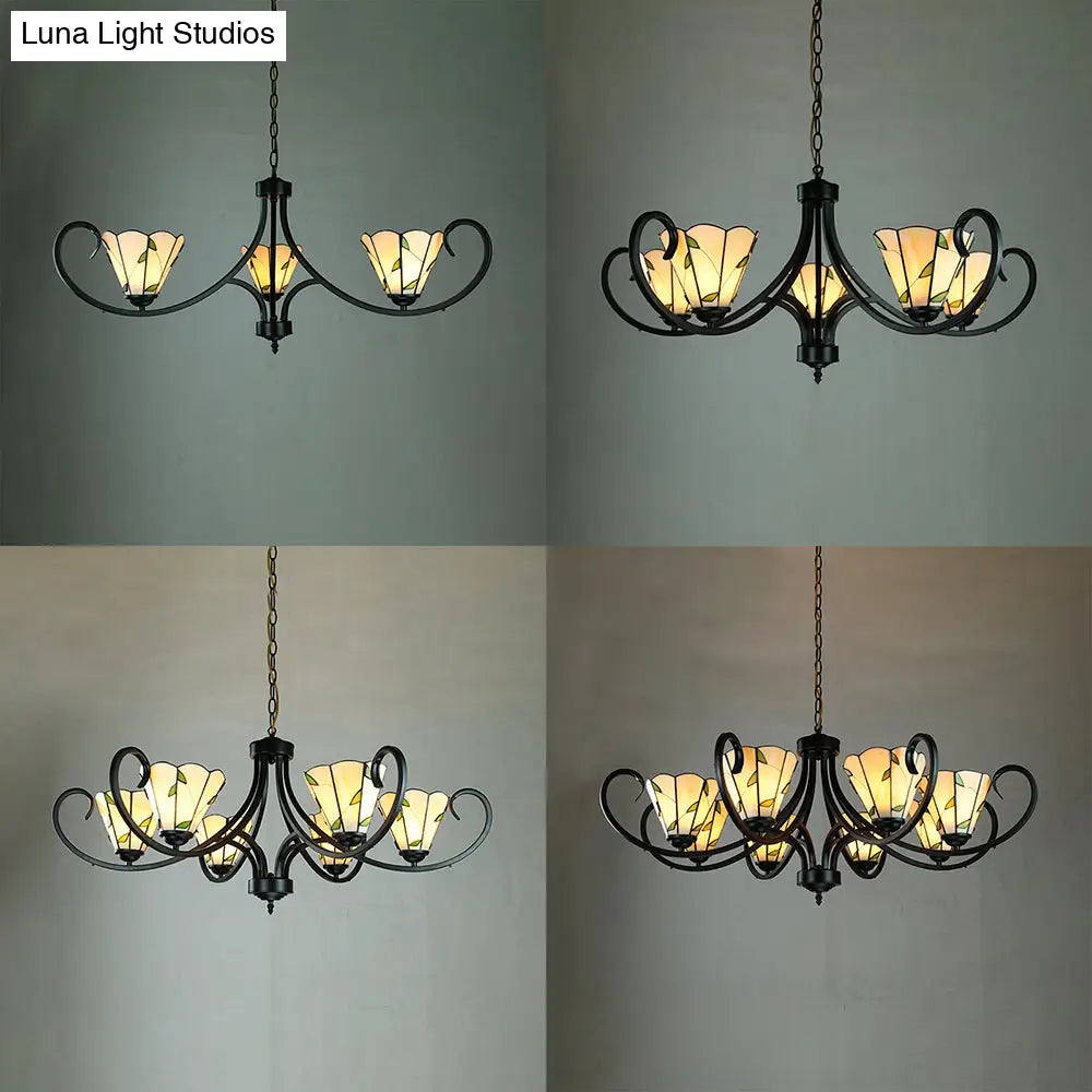 Retro Style Stained Glass Suspension Light with Leaf Pattern for Bedroom