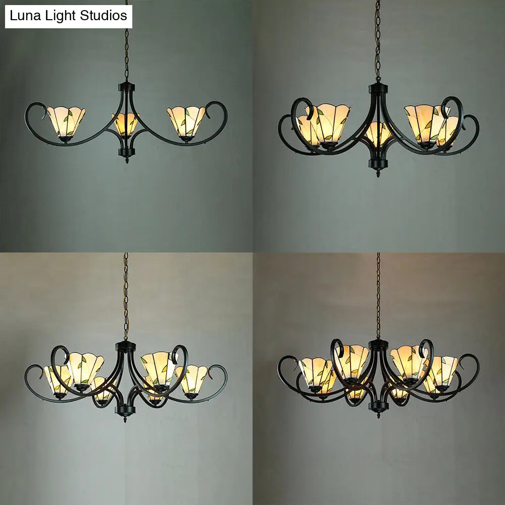 Retro Style Stained Glass Suspension Light with Leaf Pattern for Bedroom