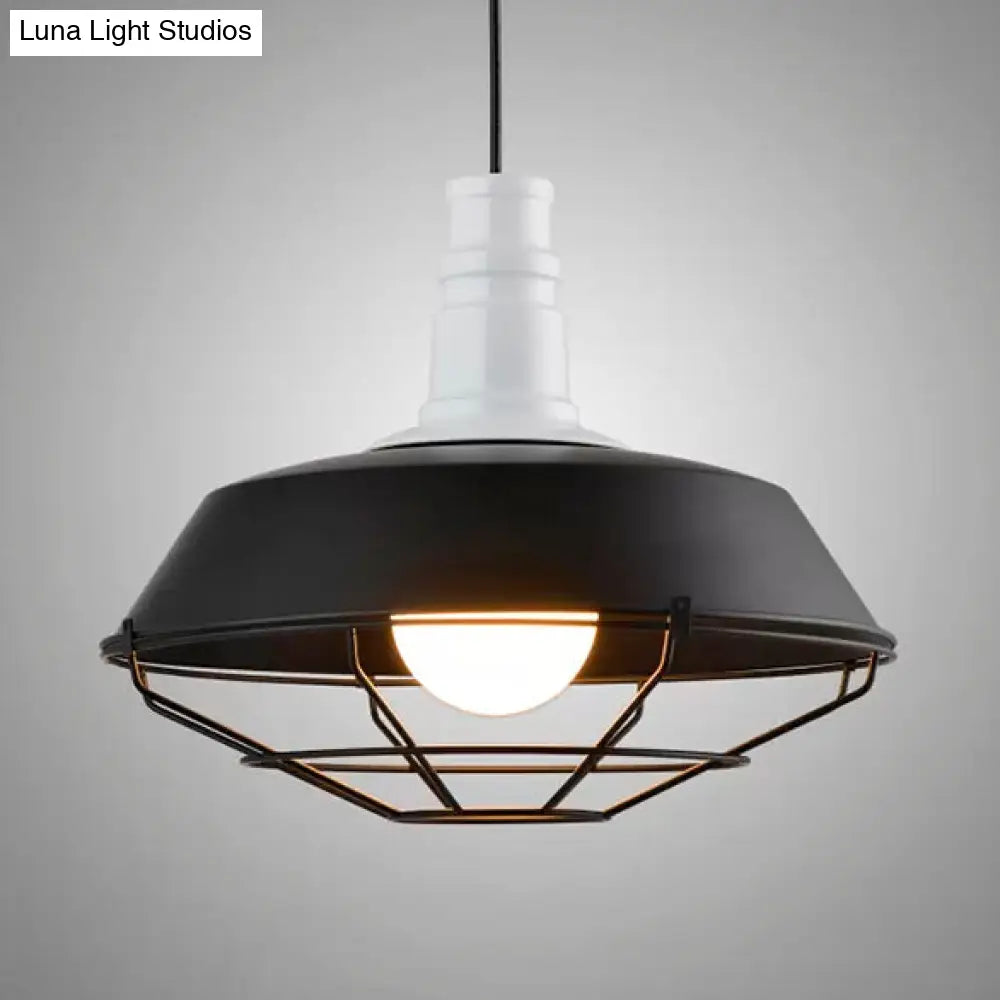 Retro-style Wire Pendant Light with Barn Shade in Black/White - 1-Light Kitchen Ceiling Fixture