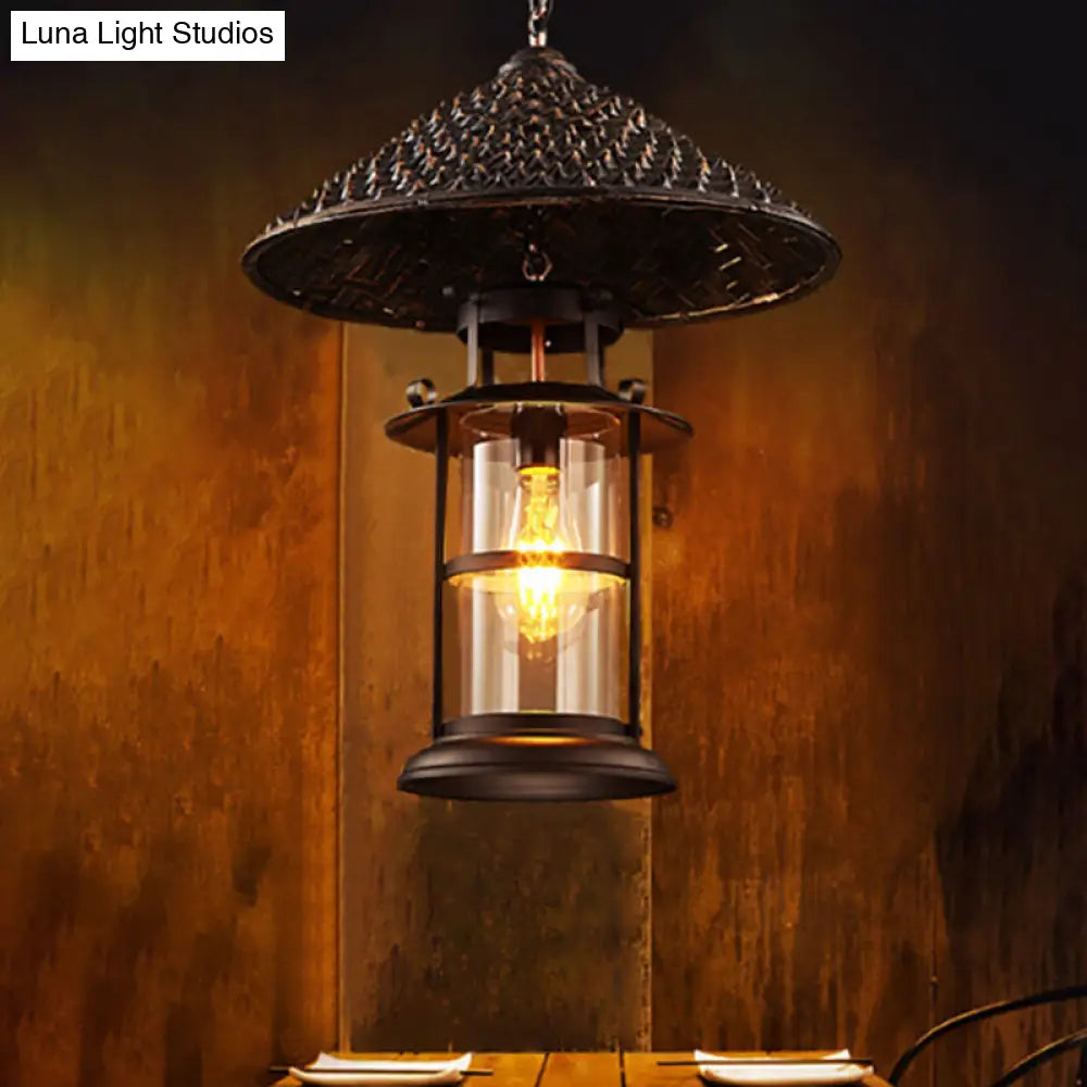 Retro Suspension Lighting: Single Straw Hat Metal Pendant Light with Glass Shade for Restaurants