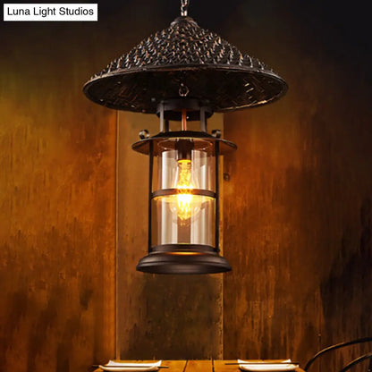 Retro Suspension Lighting: Single Straw Hat Metal Pendant Light with Glass Shade for Restaurants