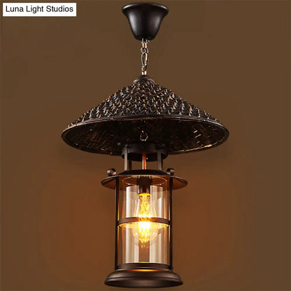 Retro Suspension Lighting: Single Straw Hat Metal Pendant Light with Glass Shade for Restaurants