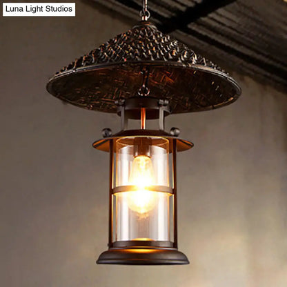 Retro Suspension Lighting: Single Straw Hat Metal Pendant Light with Glass Shade for Restaurants