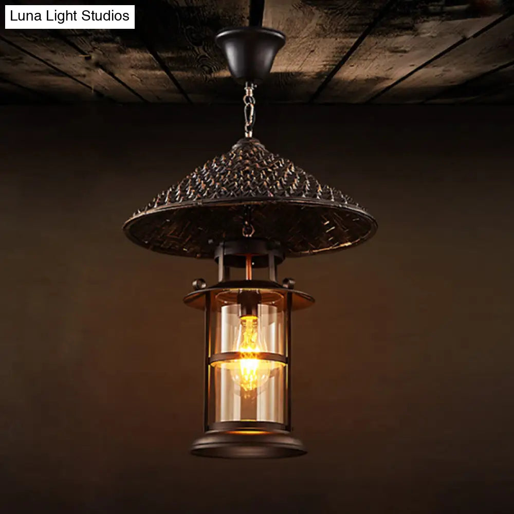 Retro Suspension Lighting: Single Straw Hat Metal Pendant Light with Glass Shade for Restaurants