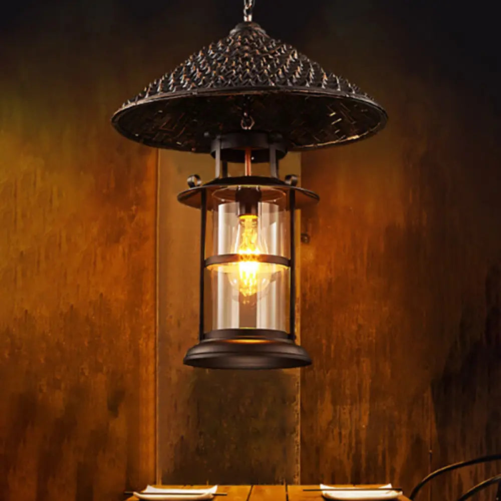 Retro Suspension Lighting: Single Straw Hat Metal Pendant Light with Glass Shade for Restaurants