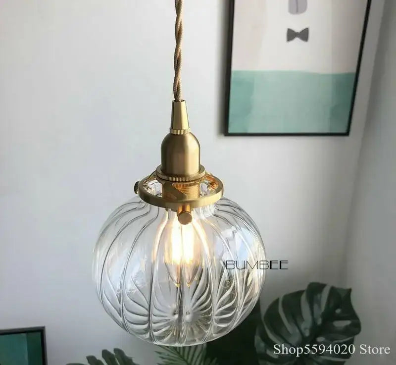 Clear ribbed glass pendant chandelier with brass glass pendant fixture and twisted cord for bedroom decorbites brass glass