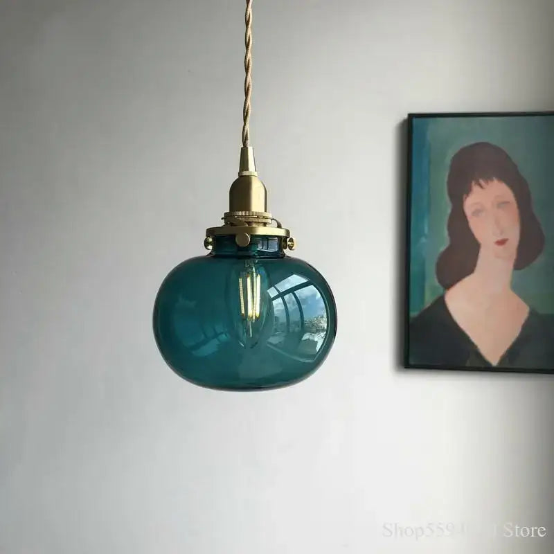 Retro teal and brass glass pendant chandelier with teal glass shade and twisted cord for bedroom decorbites brass glass lighting