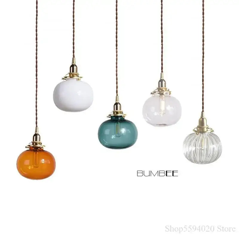 Set of five brass glass pendant chandelier lights with retro teal and amber shades for bedroom decorbites brass glass design