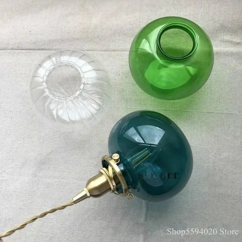 Set of three spherical brass glass pendant shades in clear green and teal hues for pendant chandelier decorbites brass glass