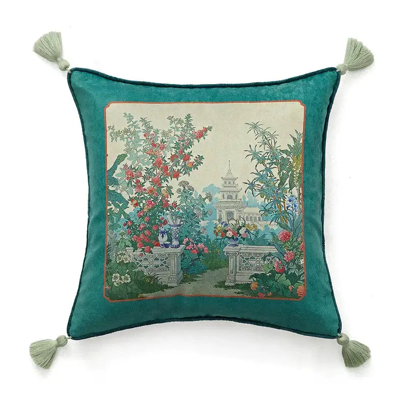 Teal velvet cushion cover with framed embroidered garden scene and tassels by decorbites american luxe retro style