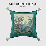 Teal velvet cushion cover with embroidered garden scene and tassels for living room decorbites american luxe retro style