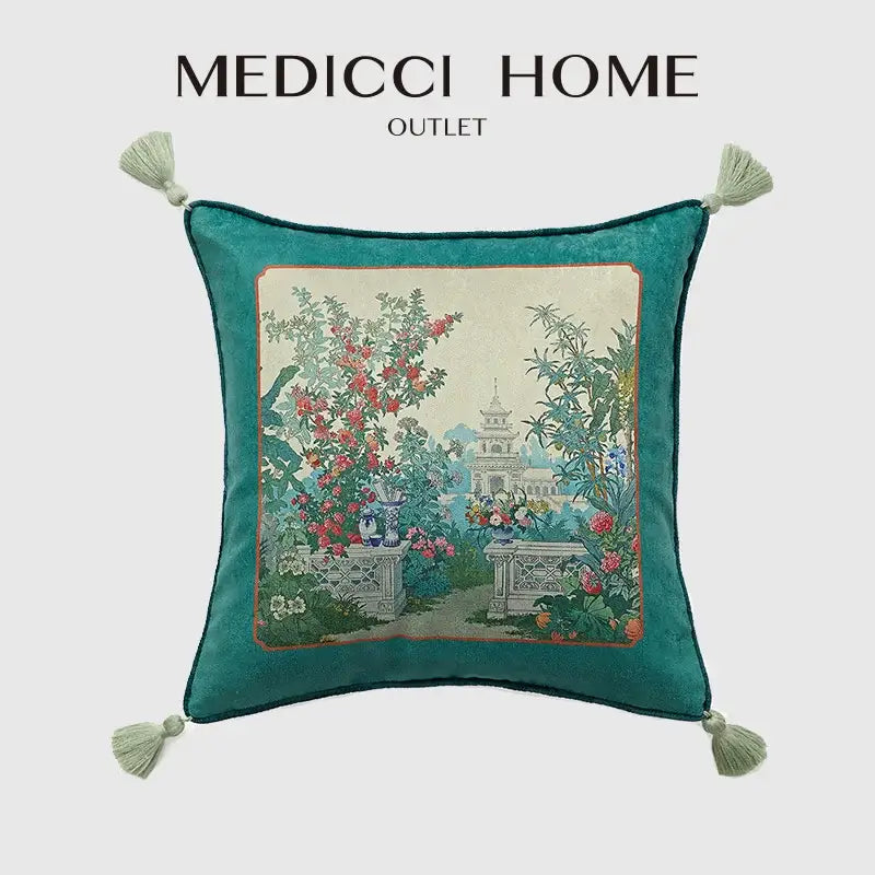 Teal velvet cushion cover with embroidered garden scene and tassels for living room decorbites american luxe retro style