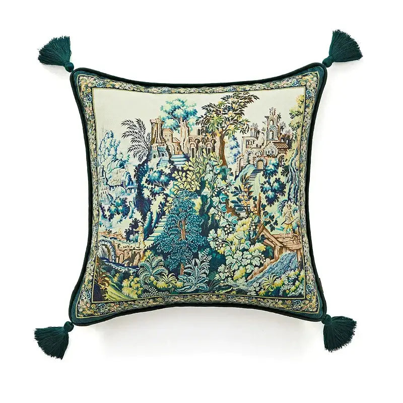 Square velvet cushion cover with embroidered teal blue cream garden scene and dark green tassels for decorbites American Luxe retro decor