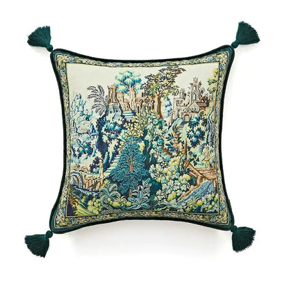 Square velvet cushion cover with embroidered teal blue cream garden scene and dark green tassels for decorbites American Luxe retro decor